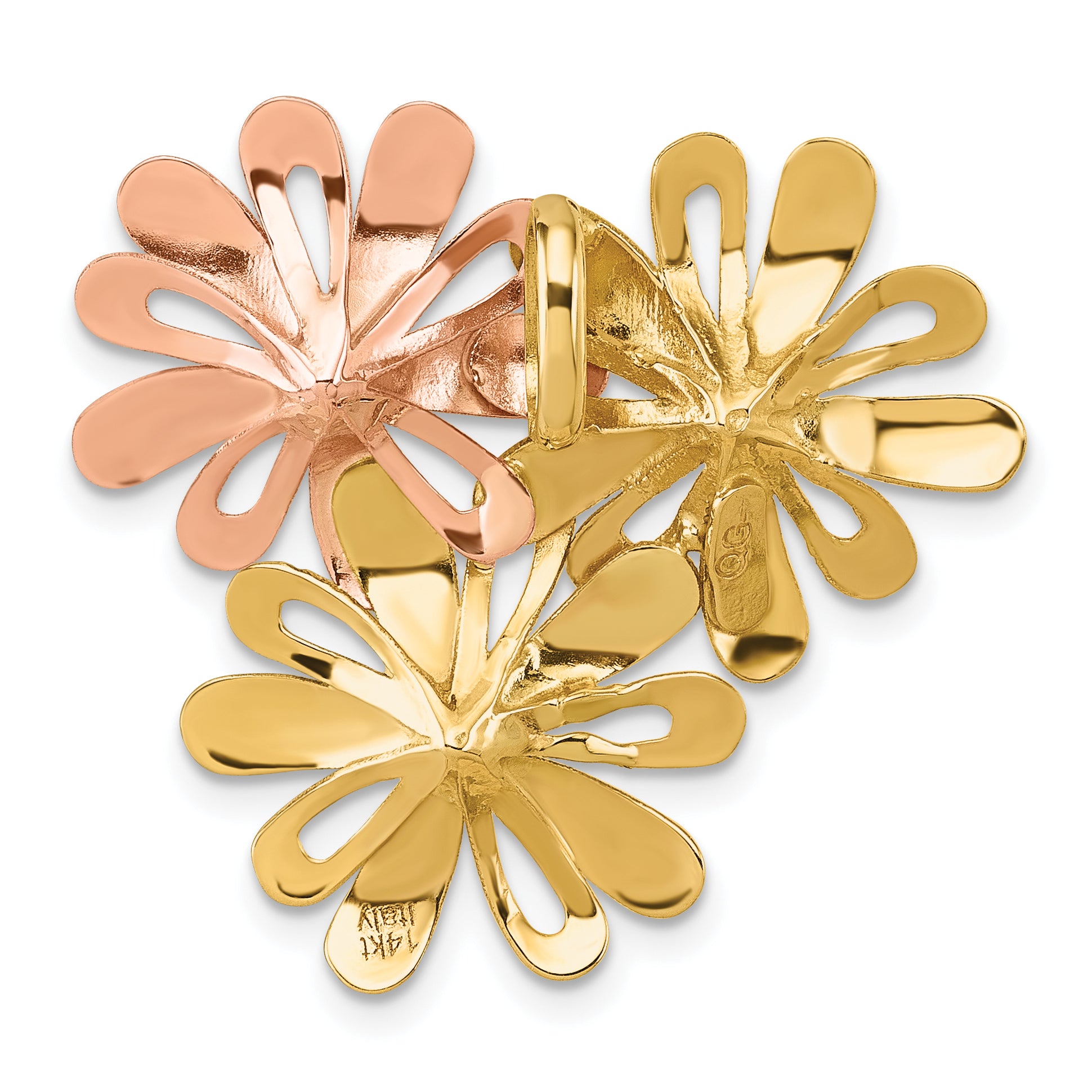 14k with White and Rose-tone Rhodium Brushed and Polished Three Flowers Chain Slide Pendant