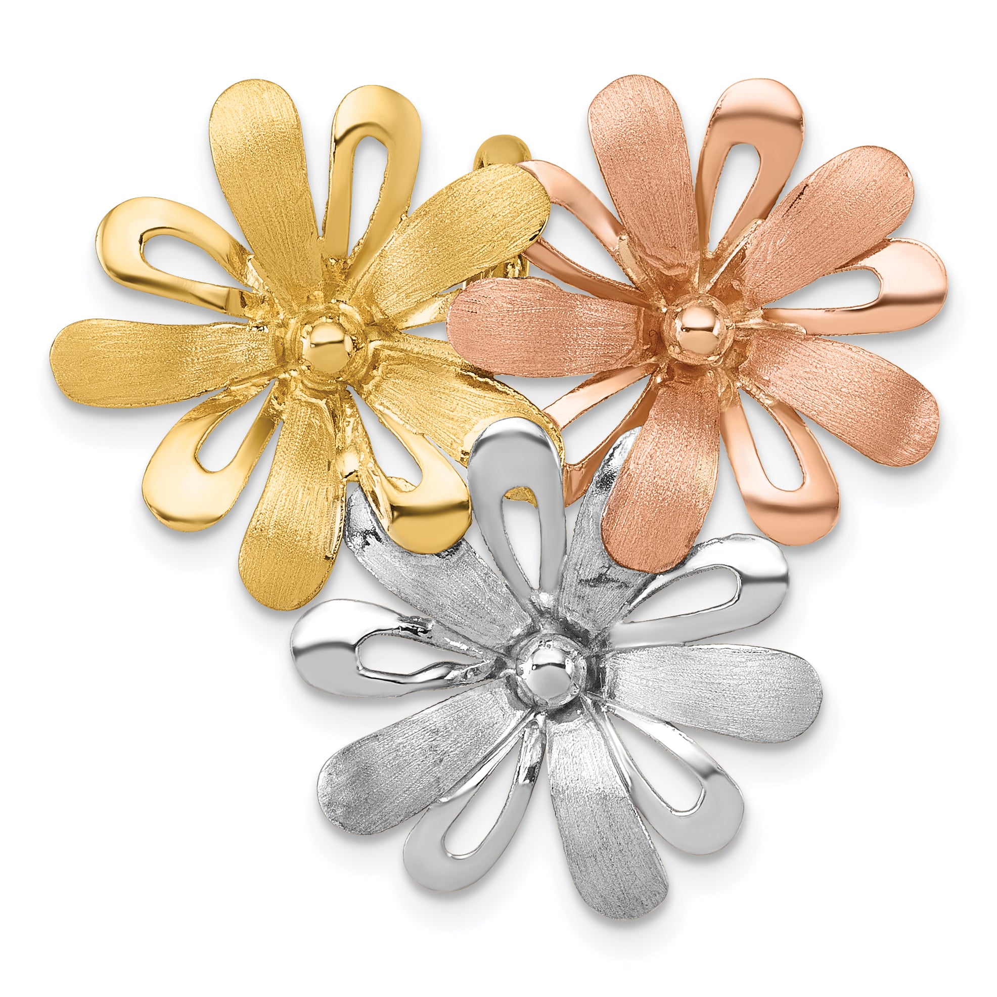 14k with White and Rose-tone Rhodium Brushed and Polished Three Flowers Chain Slide Pendant Main image