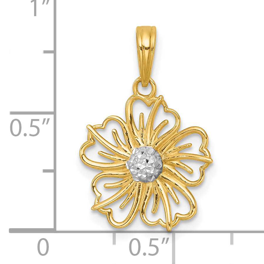 14k with White Rhodium Polished Fancy Pierced Flower Charm