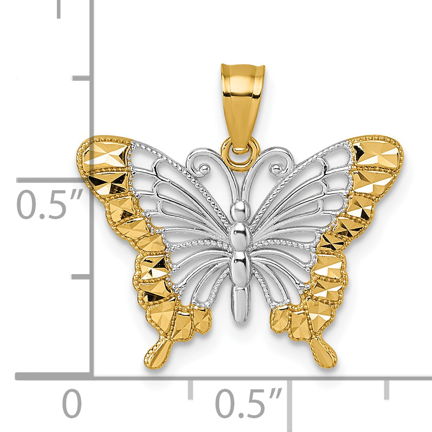 14k and Rhodium Diamond-cut Polished Cut-out Butterfly Pendant