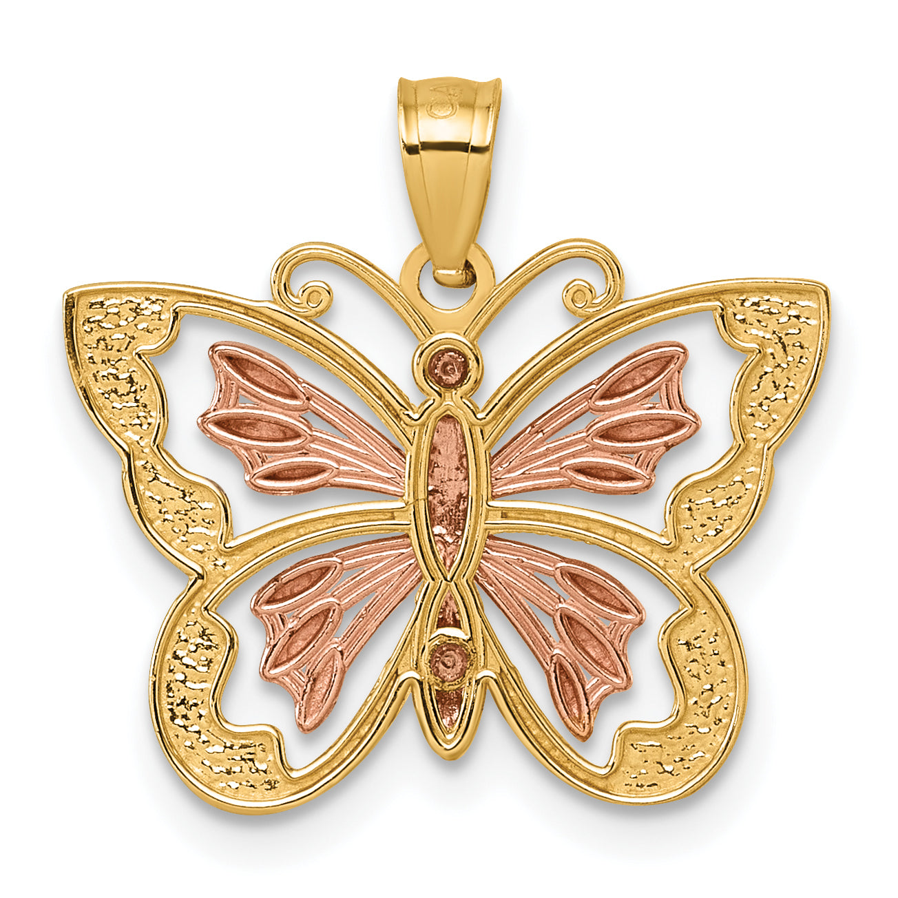 14k Two-tone with White Rhodium Diamond-cut Polished Cut-out Butterfly Pendant