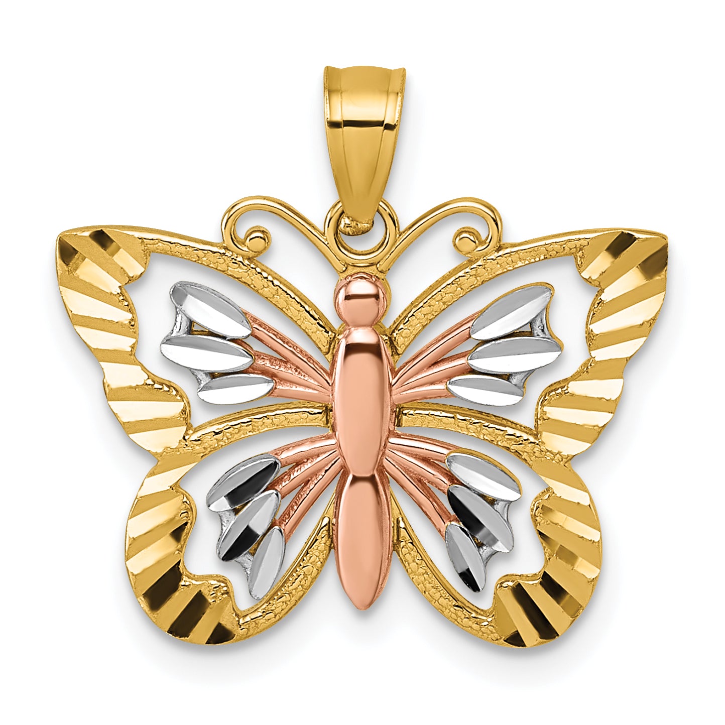 14k Two-tone with White Rhodium Diamond-cut Polished Cut-out Butterfly Pendant Main image