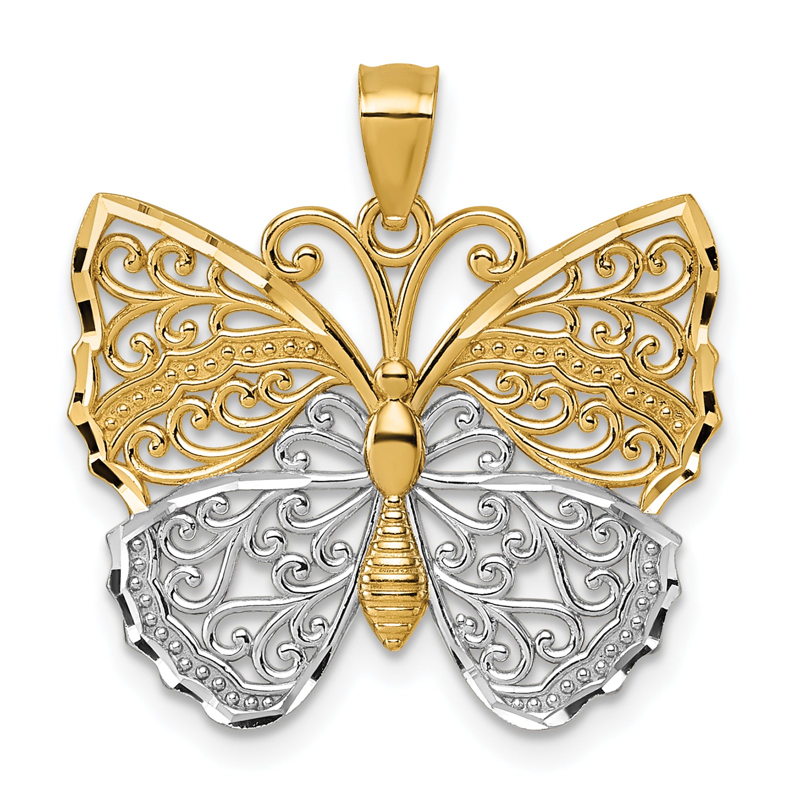 14k and Rhodium Textured Fancy Filigree Butterfly Pendant Main image