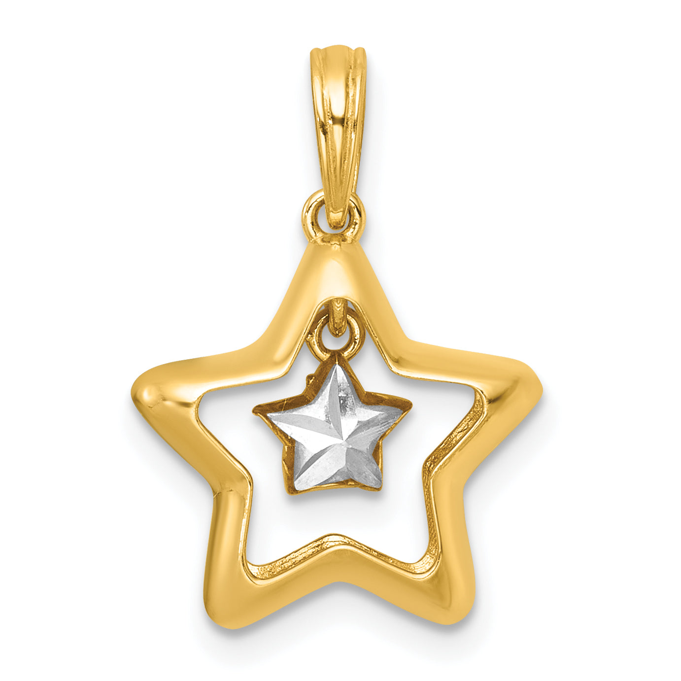 14k with White Rhodium Polished Star In Star Dangle Charm