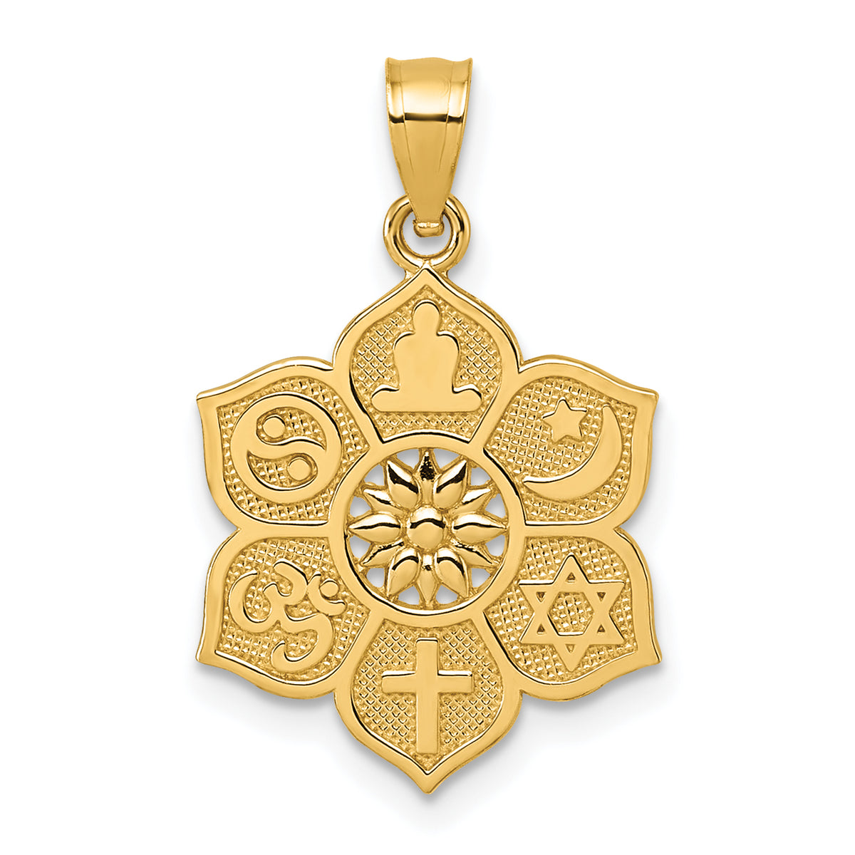 14k Polished And Textured Multi-faith Symbol Flower Pendant