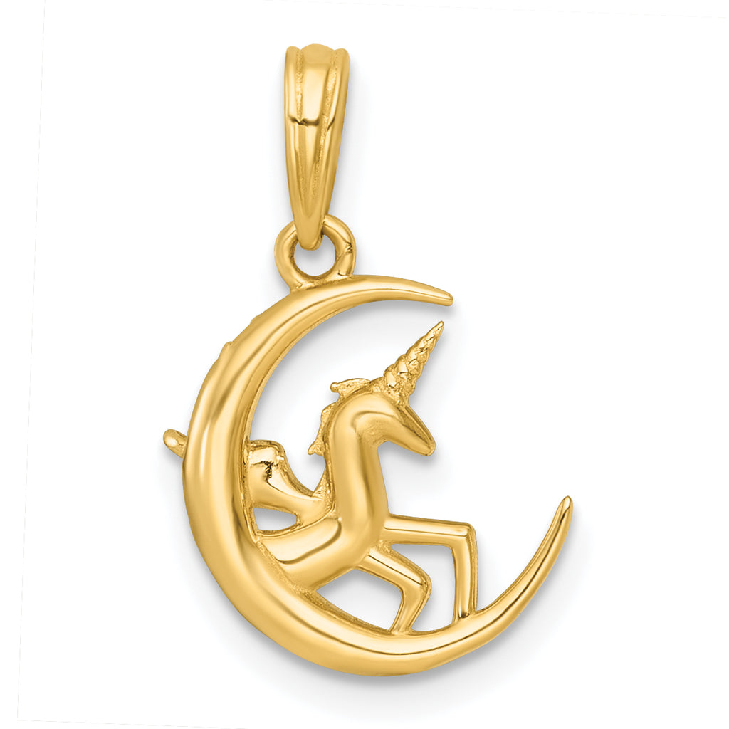 14k with White Rhodium Polished Unicorn In Moon Charm