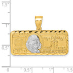 14k Polished with Rhodium Diamond-cut 100 Dollar Bill Pendant