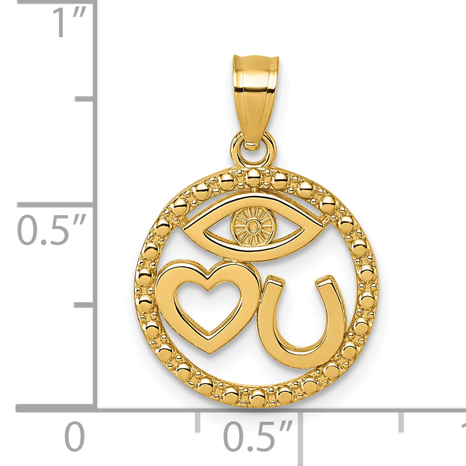 14k Polished Heart Evil Eye And Horse Shoe In Circle Pendant