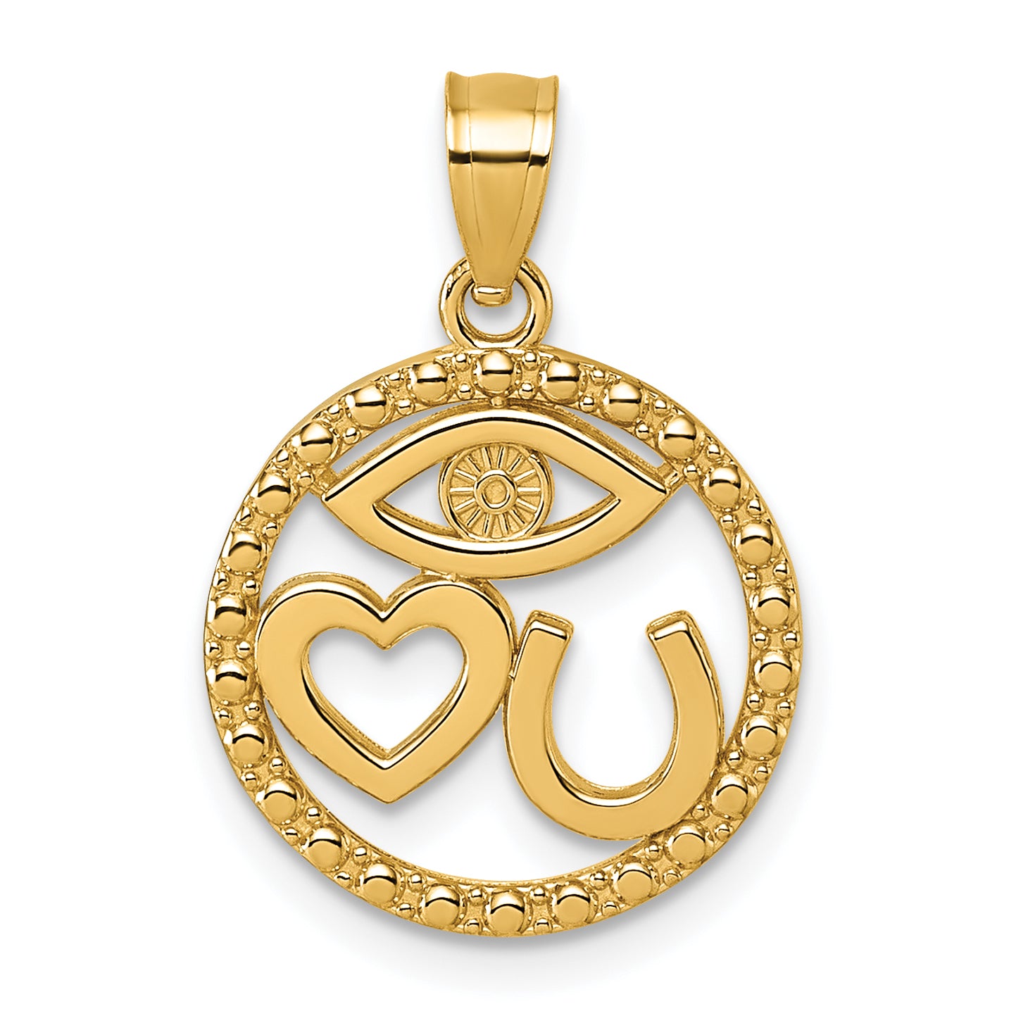 14k Polished Heart Evil Eye And Horse Shoe In Circle Pendant Main image