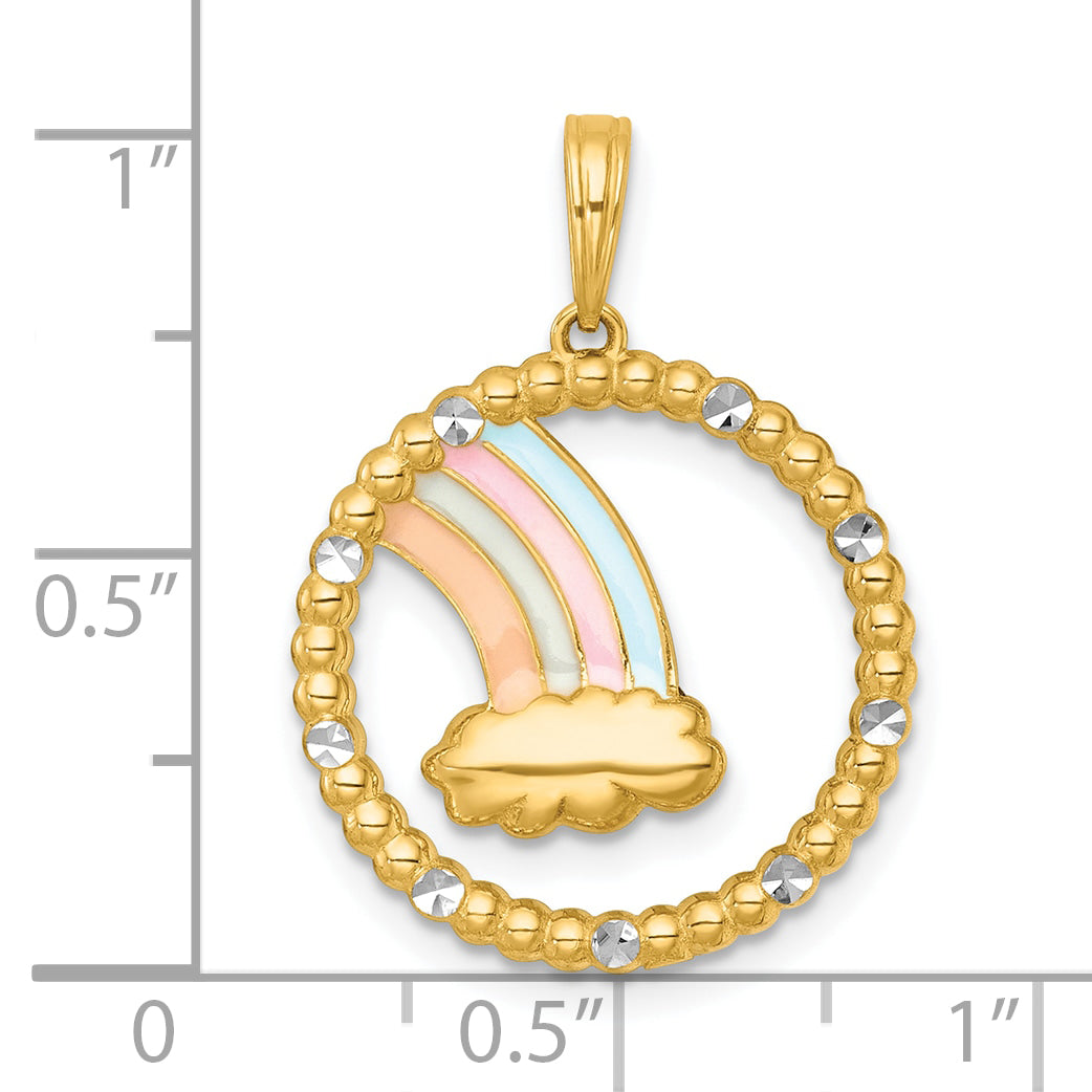 14k with White Rhodium Multi Color Enamel Rainbow With Cloud in Circle Charm