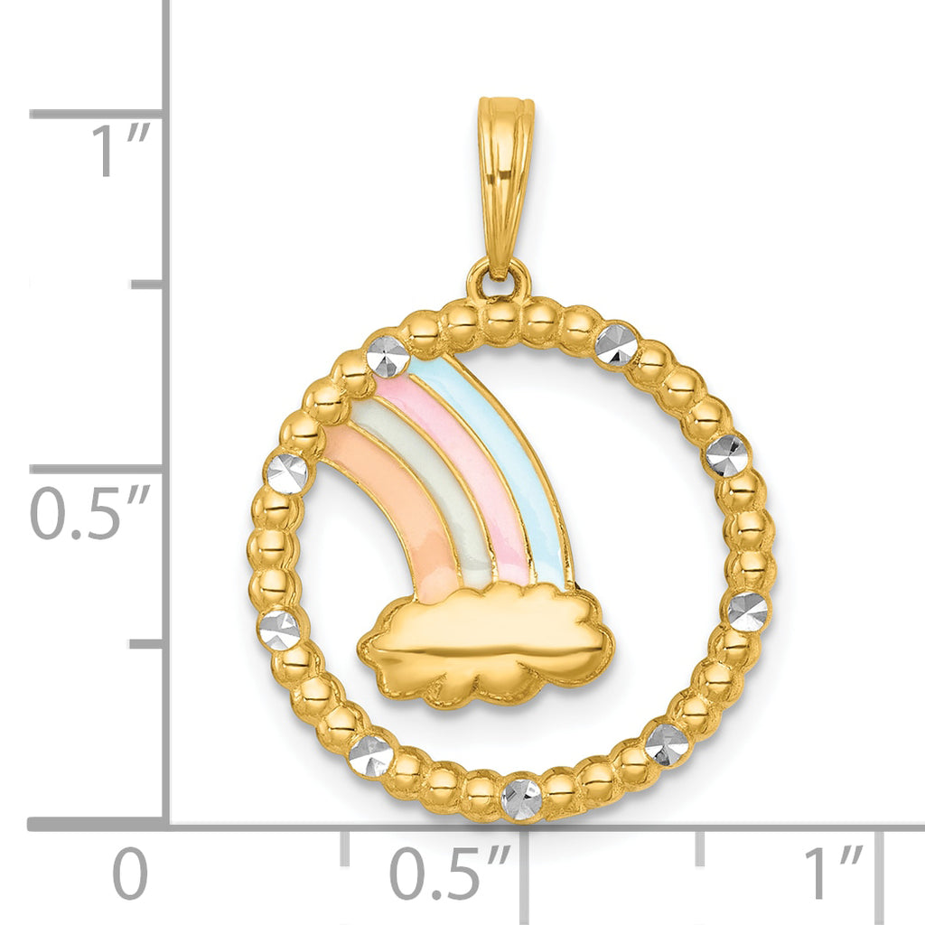 14k with White Rhodium Multi Color Enamel Rainbow With Cloud in Circle Charm
