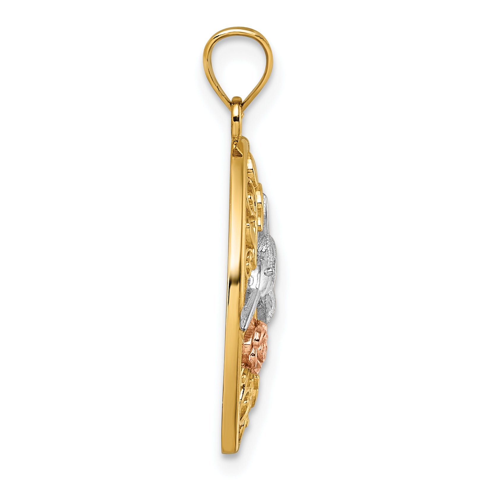 14k Two-tone with White Rhodium Polished Hummingbird and Flower Filigree Pendant