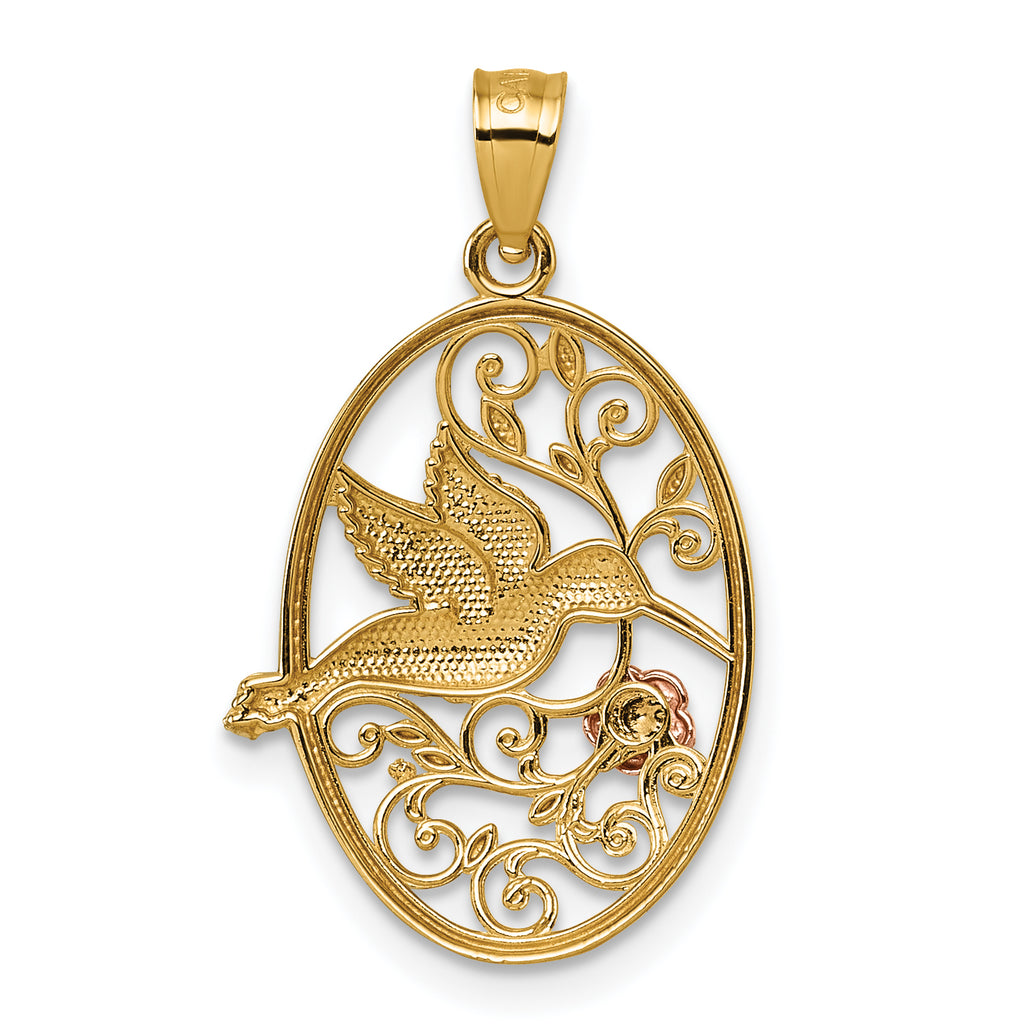 14k Two-tone with White Rhodium Polished Hummingbird and Flower Filigree Pendant