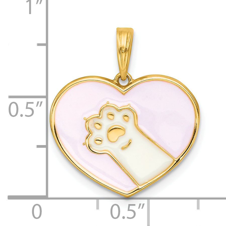 14k Polished White Enamel Paw In Pink Heart Charm