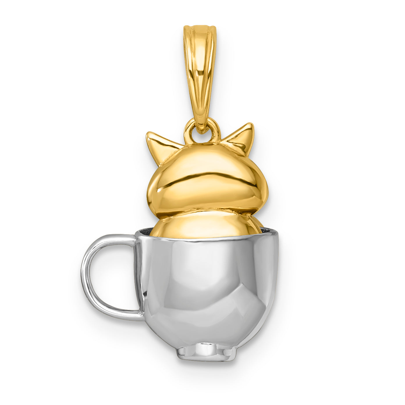 14k with White Rhodium Polished 3-D Cat In Mug Charm