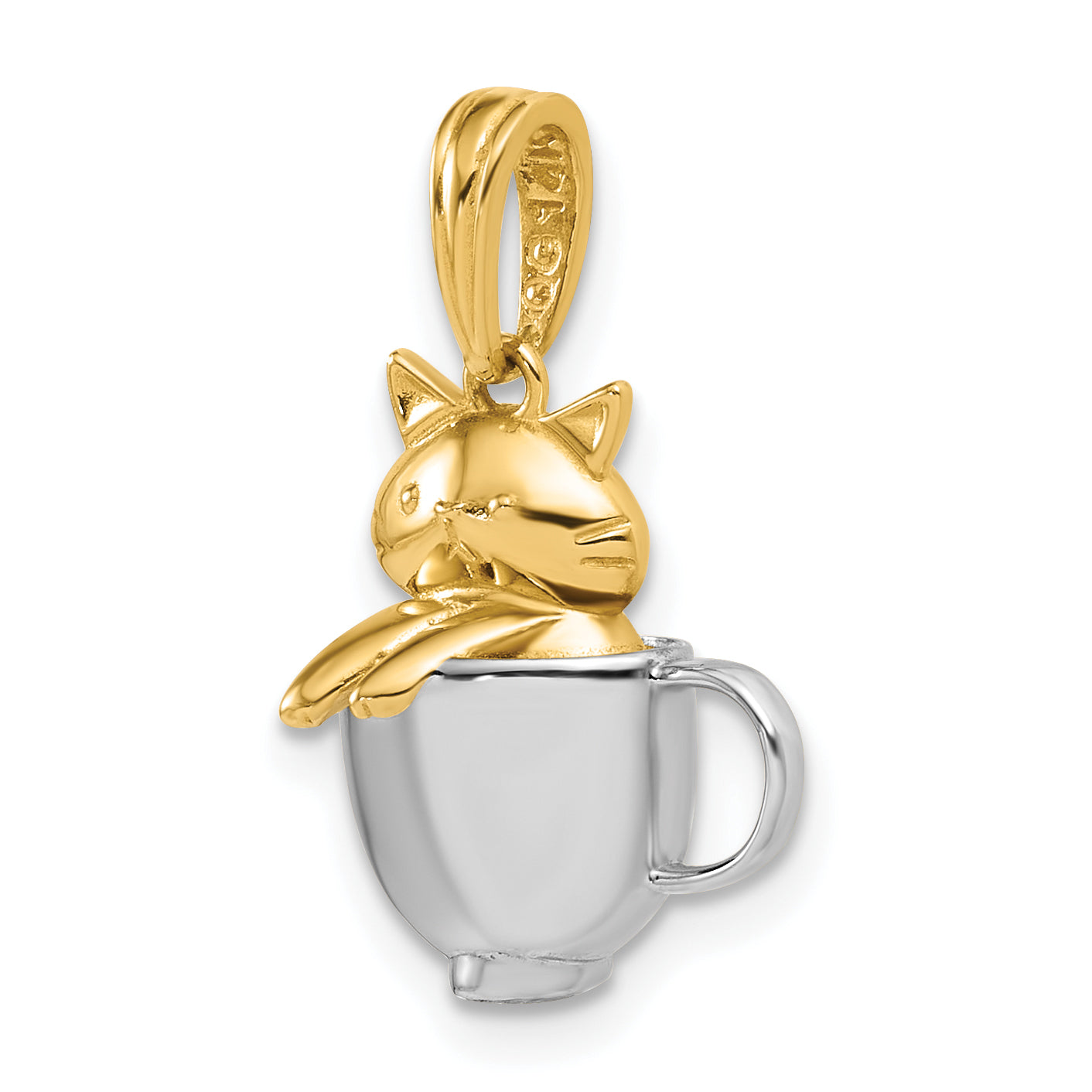 14k with White Rhodium Polished 3-D Cat In Mug Charm