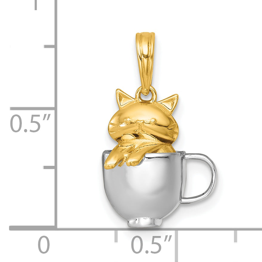 14k with White Rhodium Polished 3-D Cat In Mug Charm