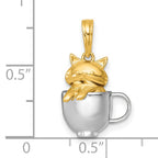 14k with White Rhodium Polished 3-D Cat In Mug Charm