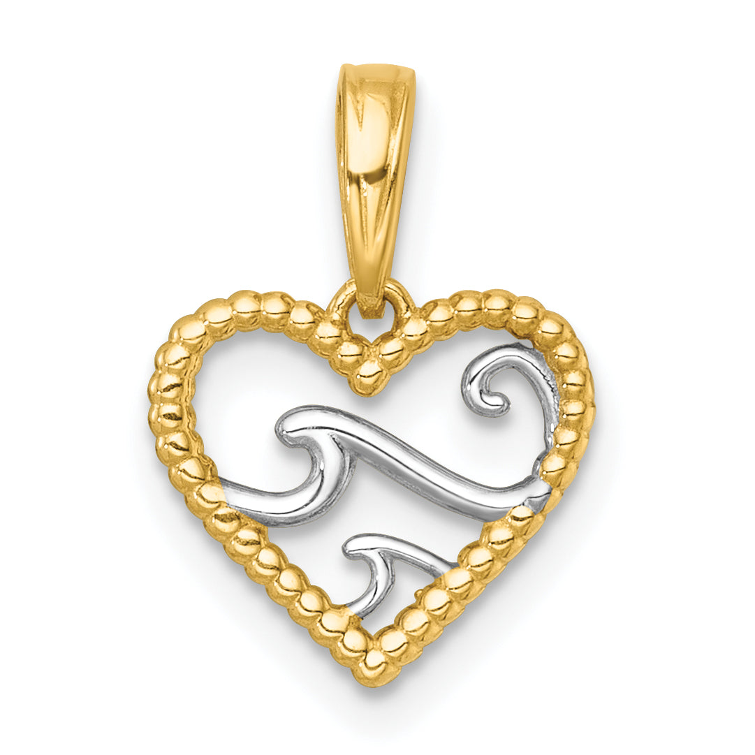 14k with White Rhodium Reversible Polished Waves In Heart Charm