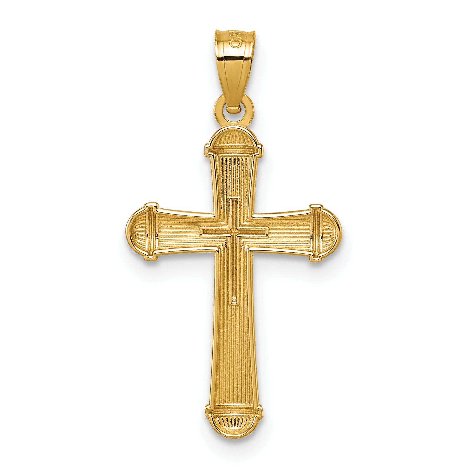 14k Polished and Diamond-cut Grooved Hollow Back Cross Pendant