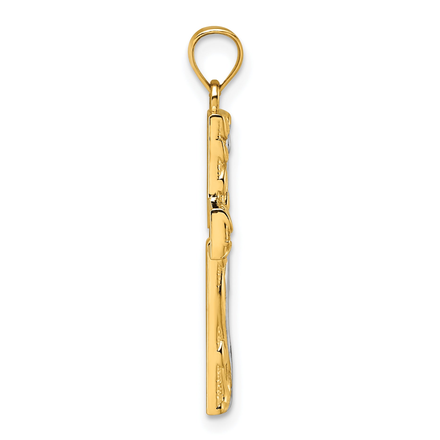 14k and Rhodium Polished Floral Tree with Leaves Hollow Back Cross Pendant