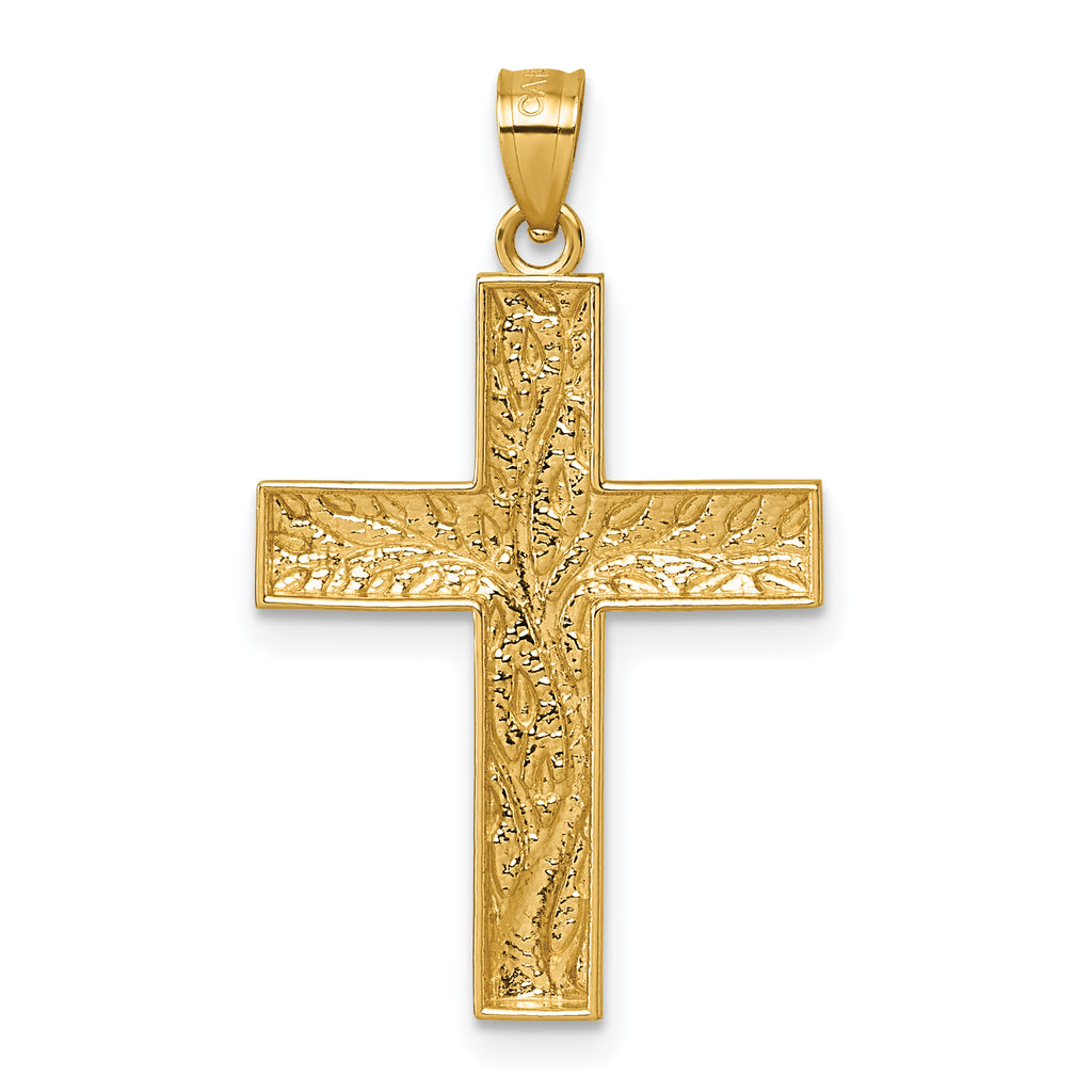 14k and Rhodium Polished Floral Tree with Leaves Hollow Back Cross Pendant