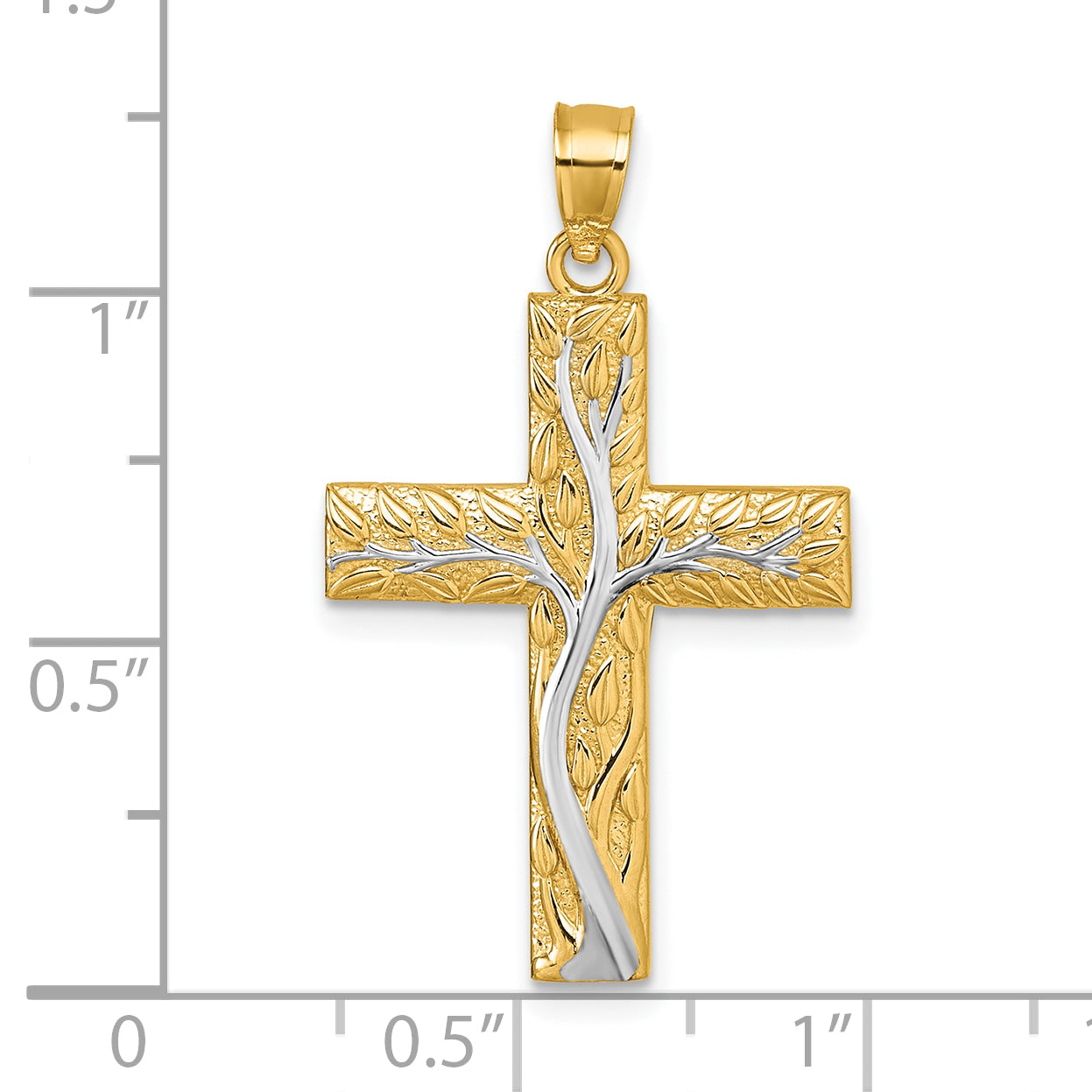 14k and Rhodium Polished Floral Tree with Leaves Hollow Back Cross Pendant