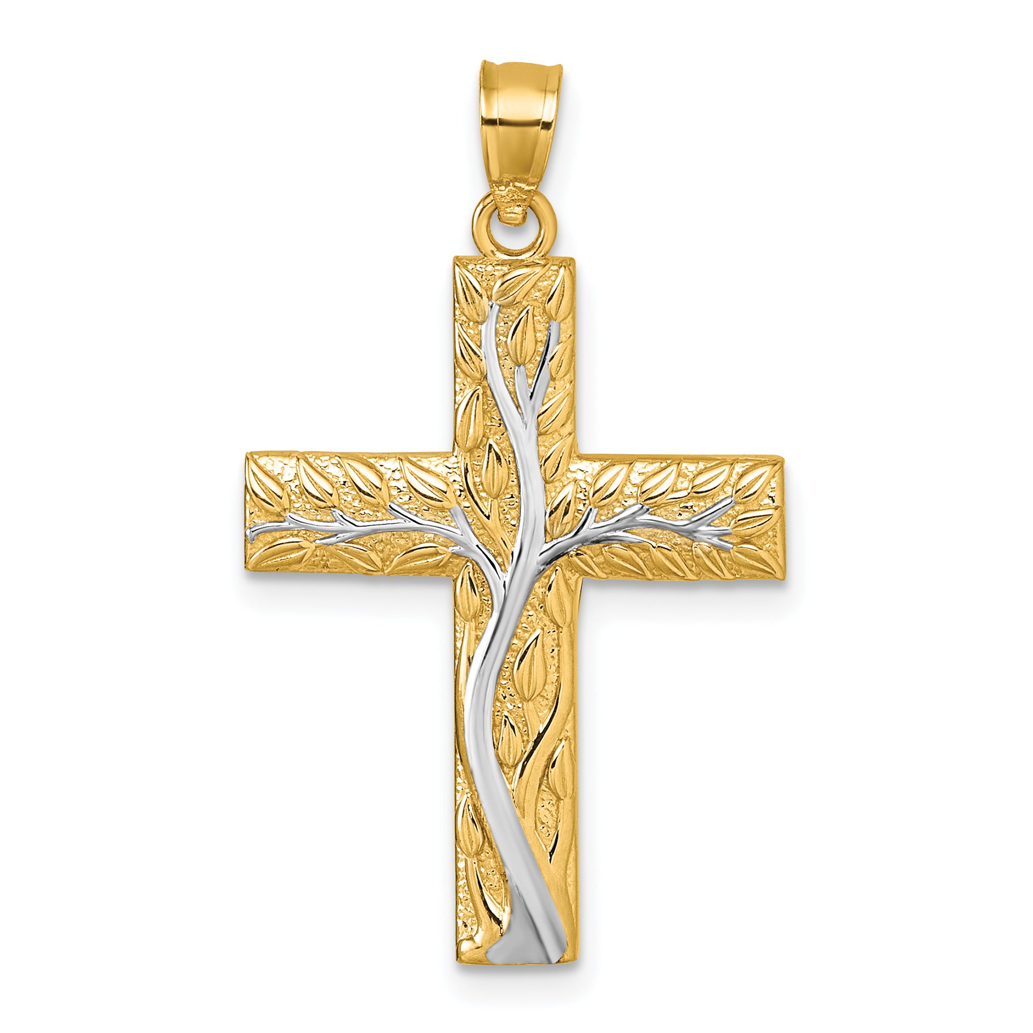 14k and Rhodium Polished Floral Tree with Leaves Hollow Back Cross Pendant Main image