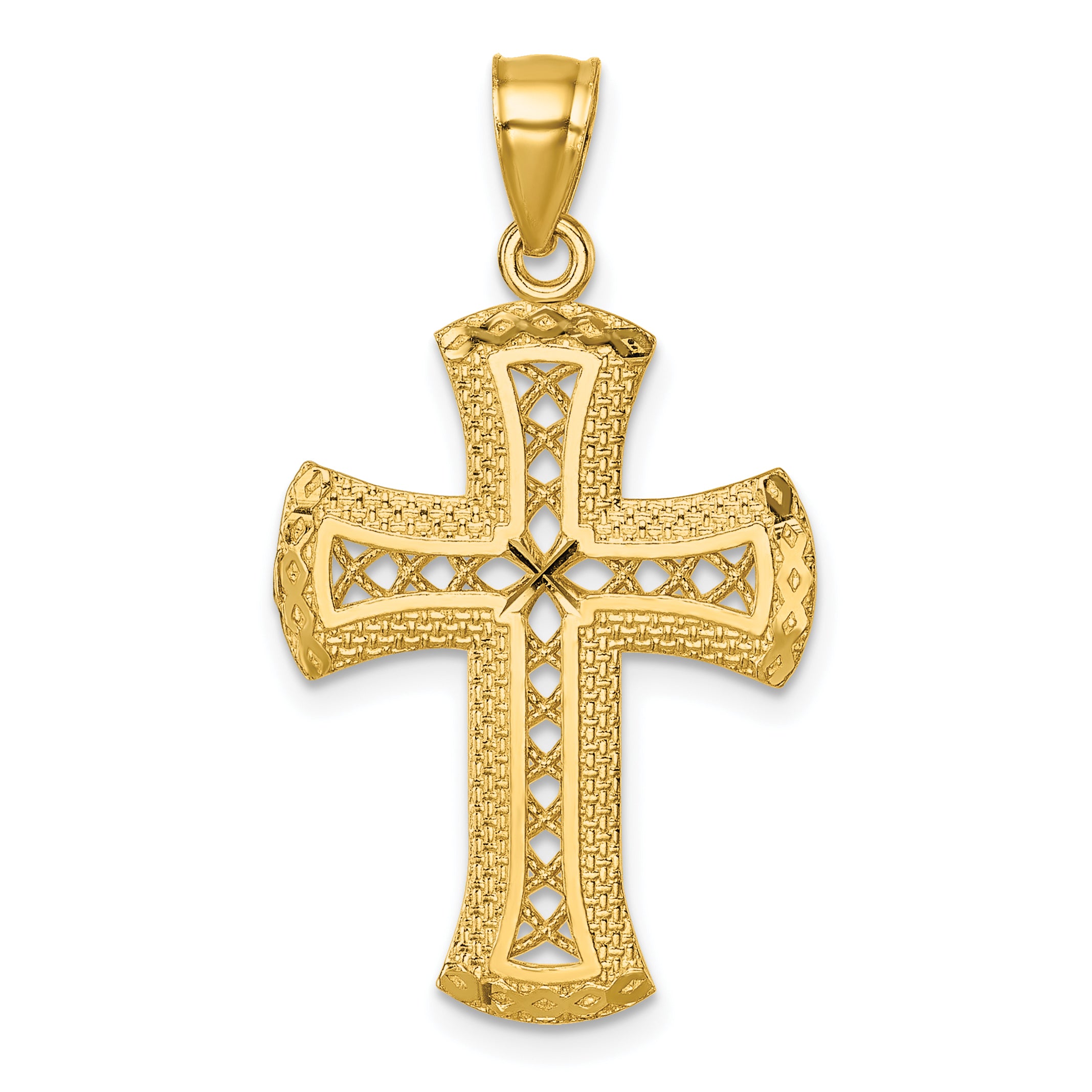 14k Polished Diamond-cut Textured Fancy Pierced Lattice Design Cross Pendant
