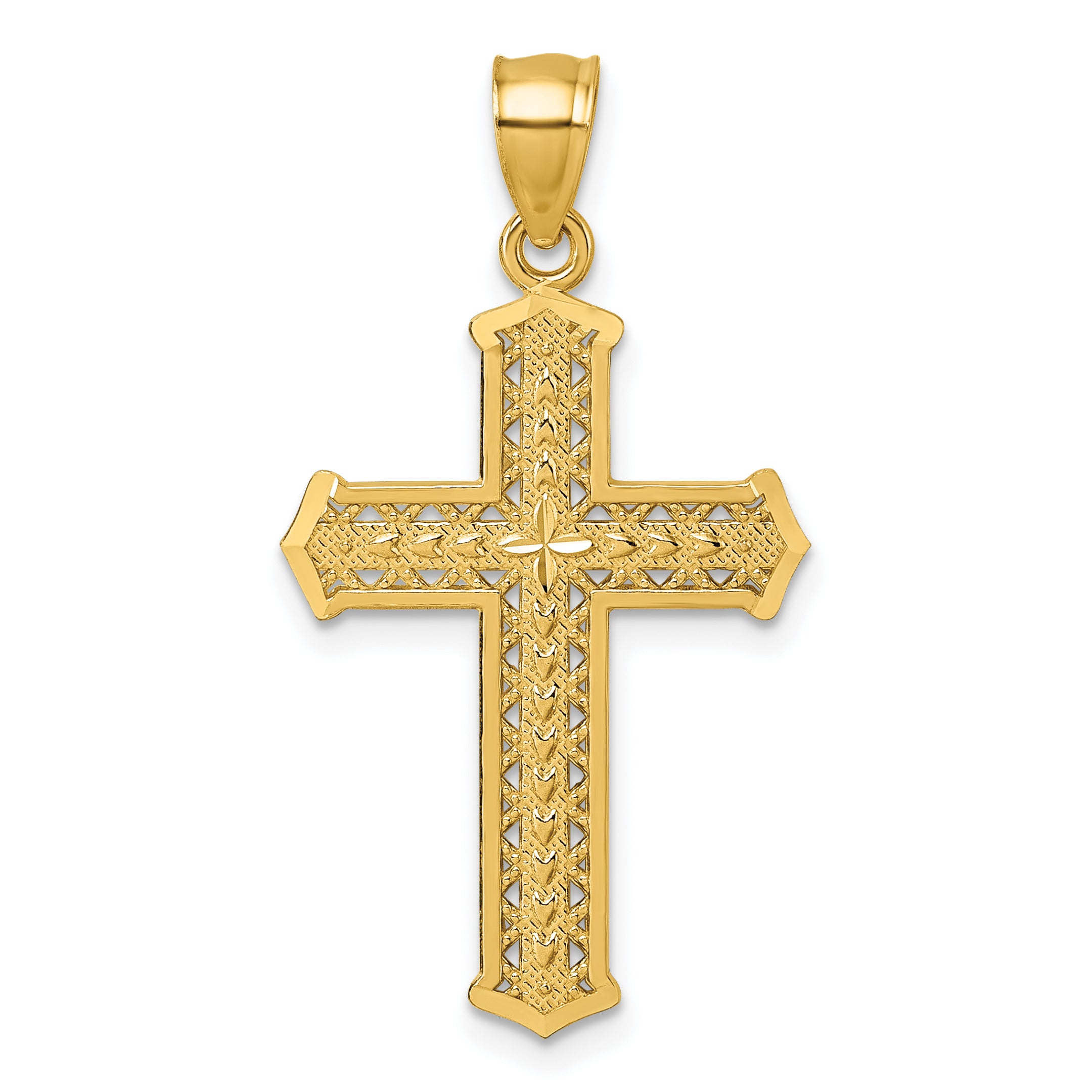 14k Polished Diamond-cut Textured Fancy Pierced Design Cross Pendant
