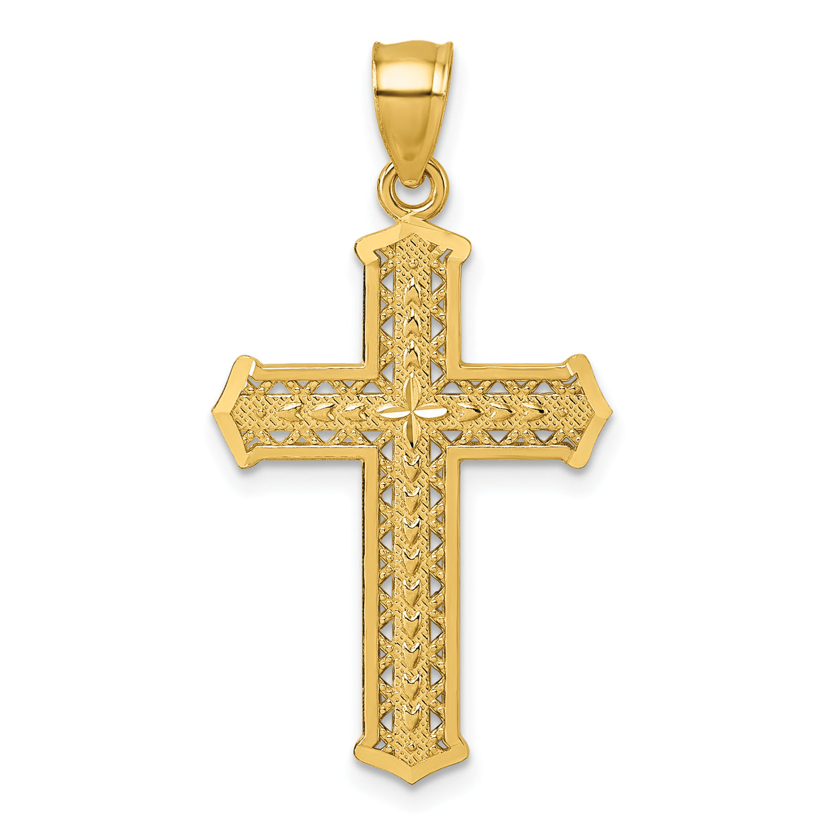 14k Polished Diamond-cut Textured Fancy Pierced Design Cross Pendant