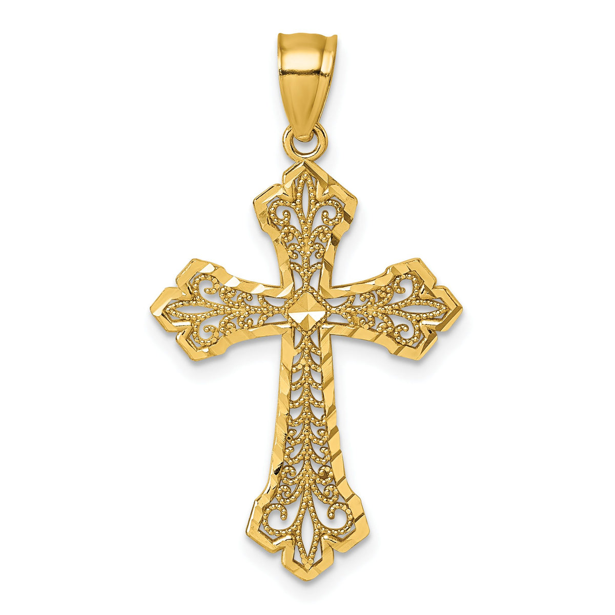 Fleur-de-Lis Filigree Cross Pendant in 14K Yellow Gold, 35mm - Sophia Jewelers Main image