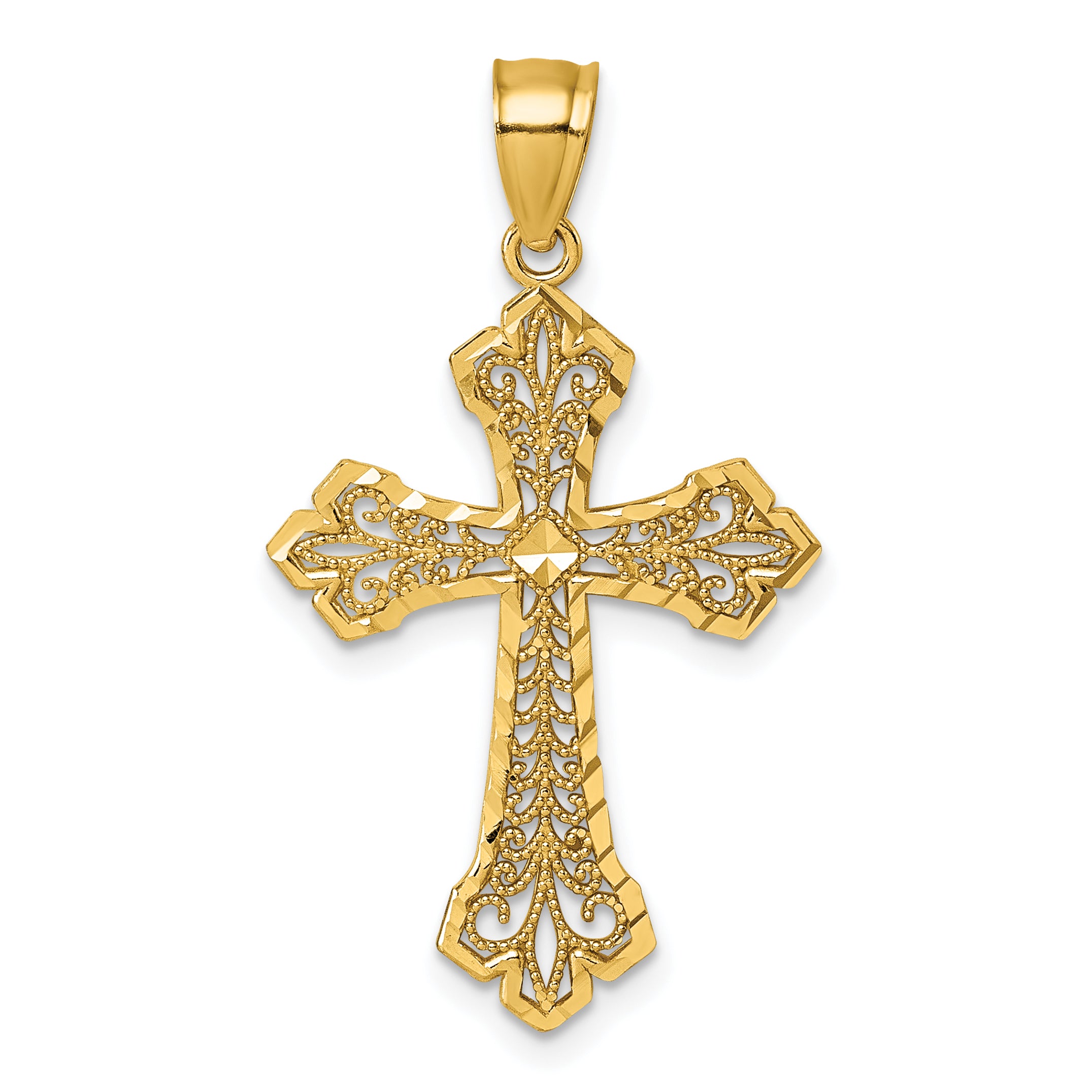 14k Polished Diamond-cut Fleur de Lis Filigree Textured Fancy Cross Pendant Main image