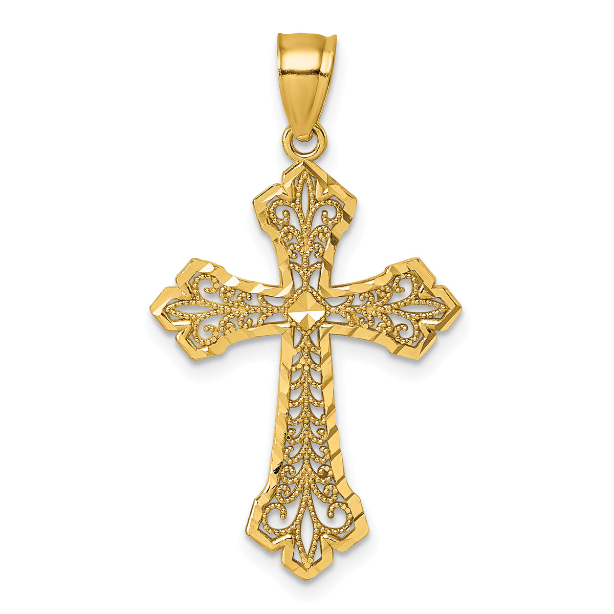 14k Polished Diamond-cut Fleur de Lis Filigree Textured Fancy Cross Pendant