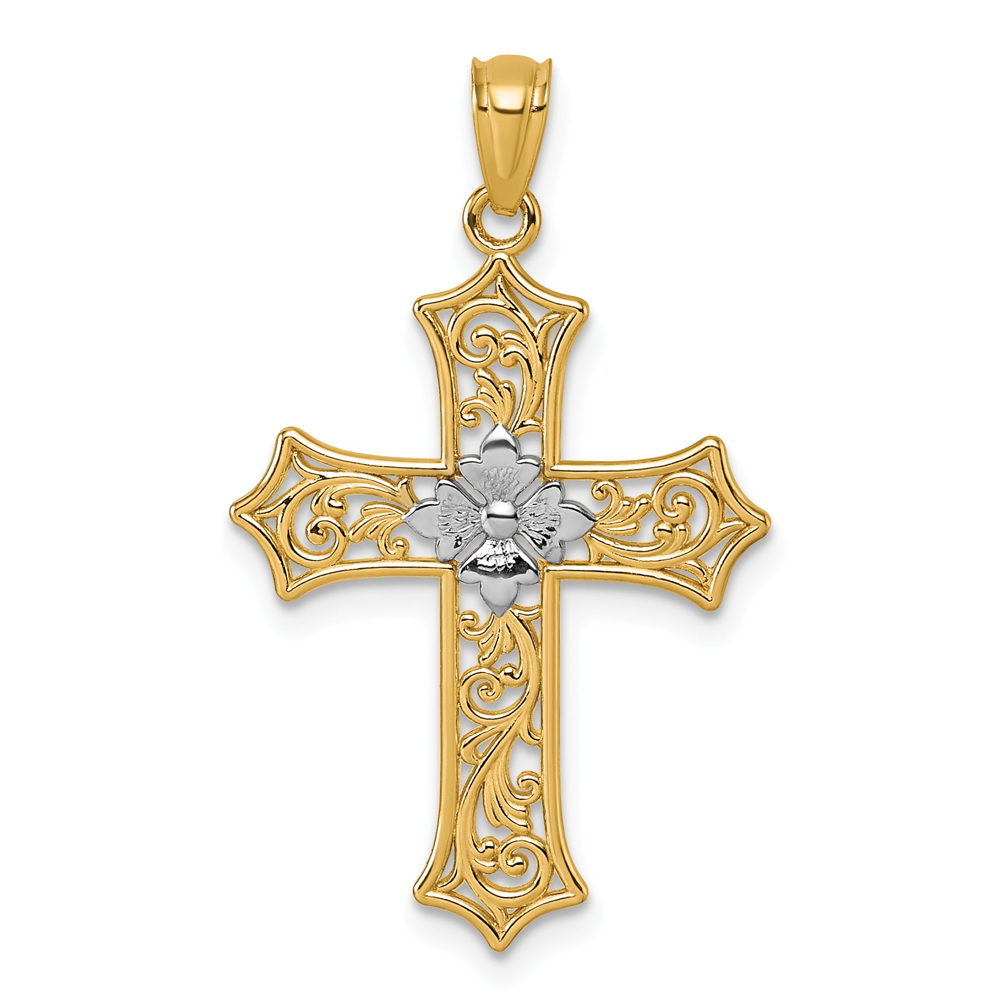 14k and Rhodium Polished Center Flower Filigree Cross Pendant Main image