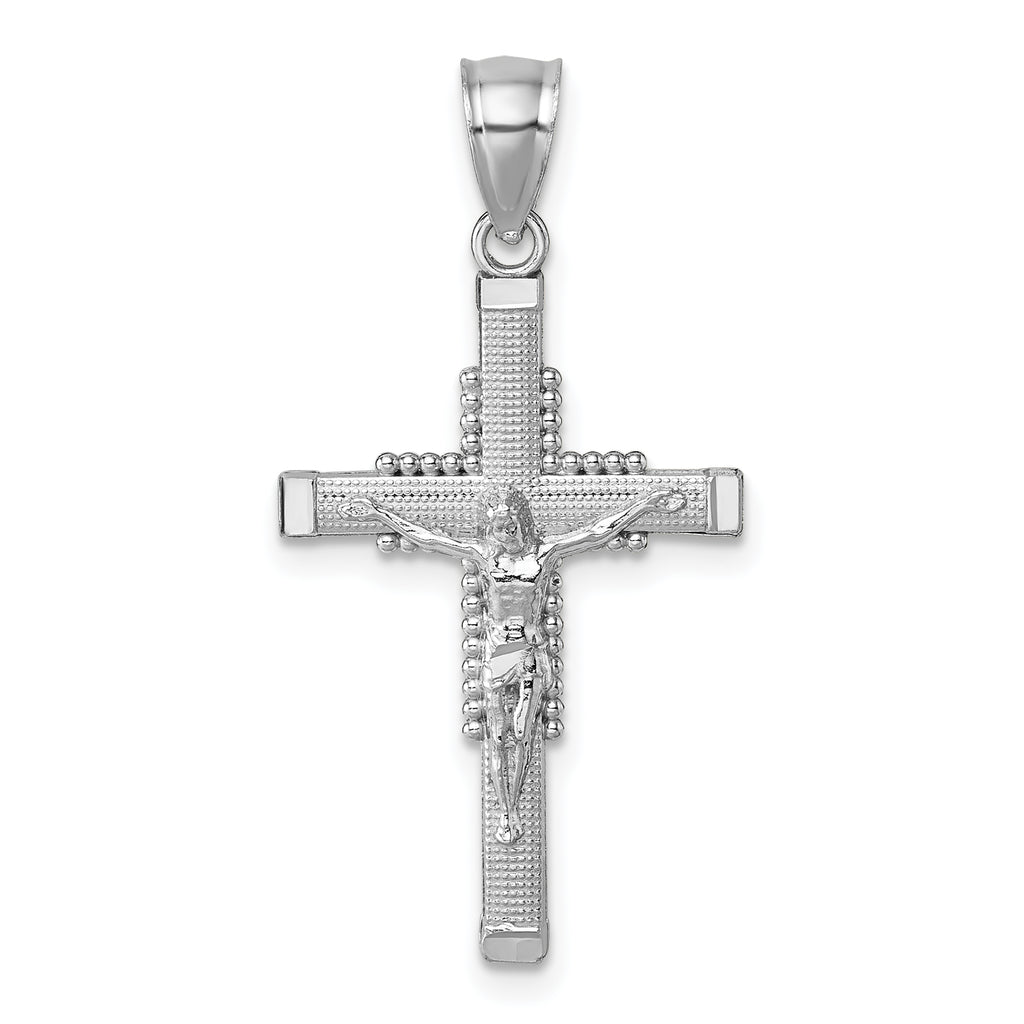 14k Polished White Gold Diamond-cut Textured Crucifix Pendant