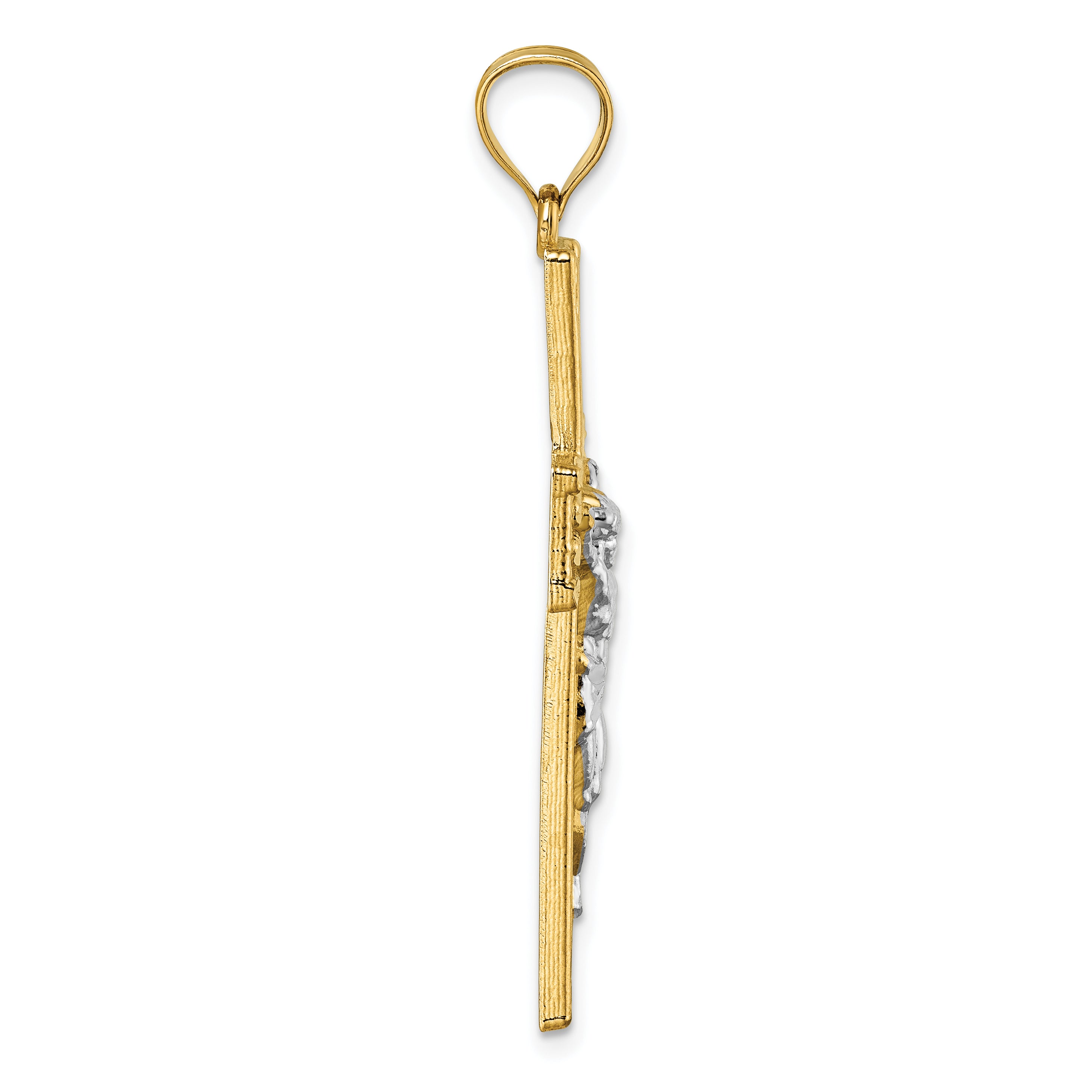 14k Polished with Rhodium Diamond-cut Nugget Crucifix Pendant