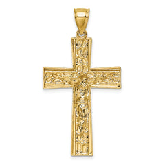 14k Polished with Rhodium Diamond-cut Nugget Crucifix Pendant