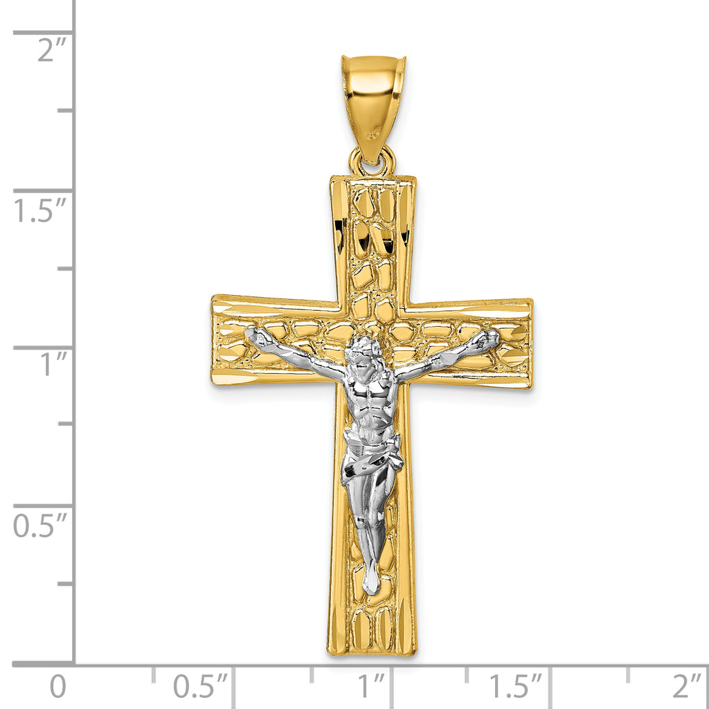 14k Polished with Rhodium Diamond-cut Nugget Crucifix Pendant