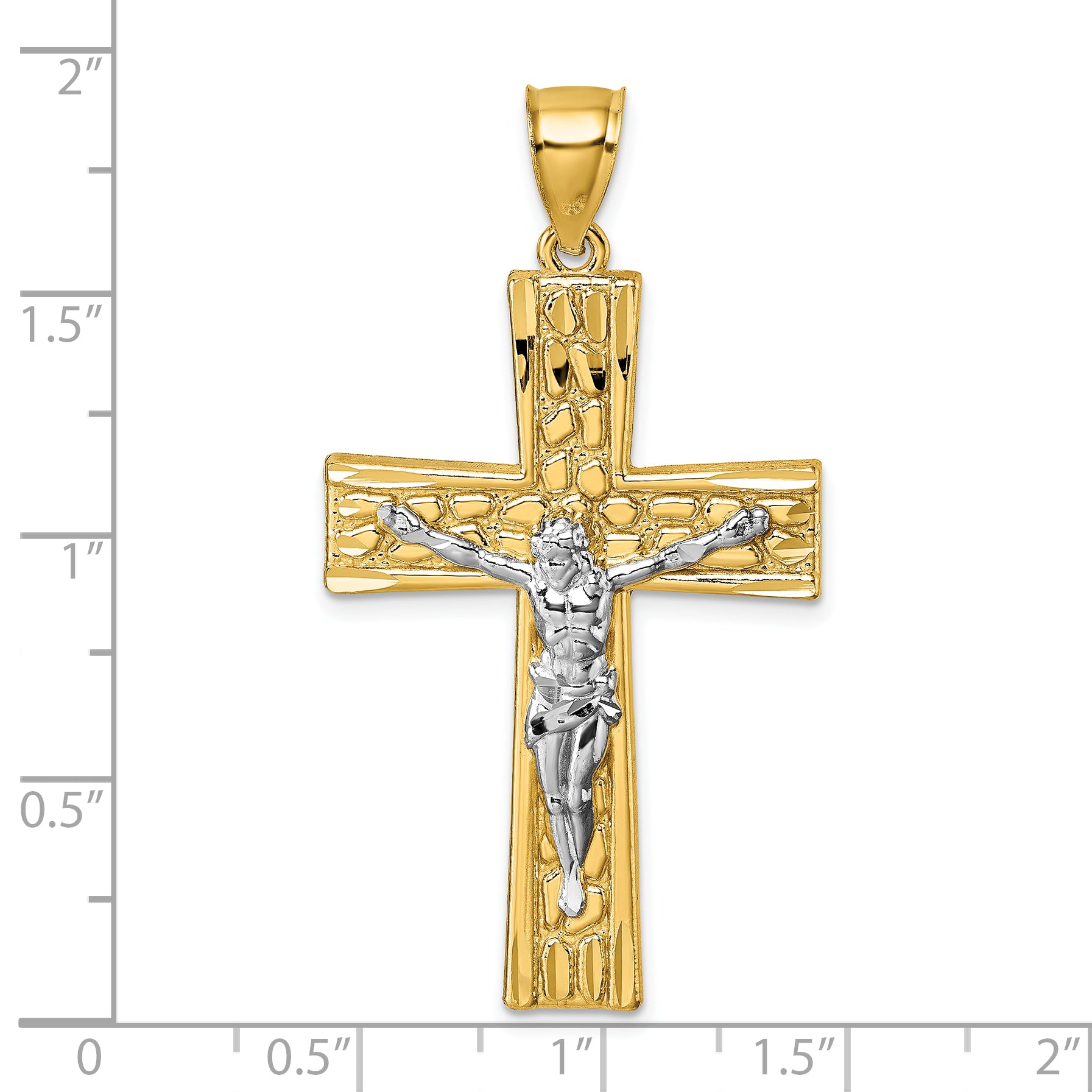 14k Polished with Rhodium Diamond-cut Nugget Crucifix Pendant