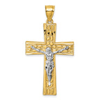 14k Polished with Rhodium Diamond-cut Nugget Crucifix Pendant