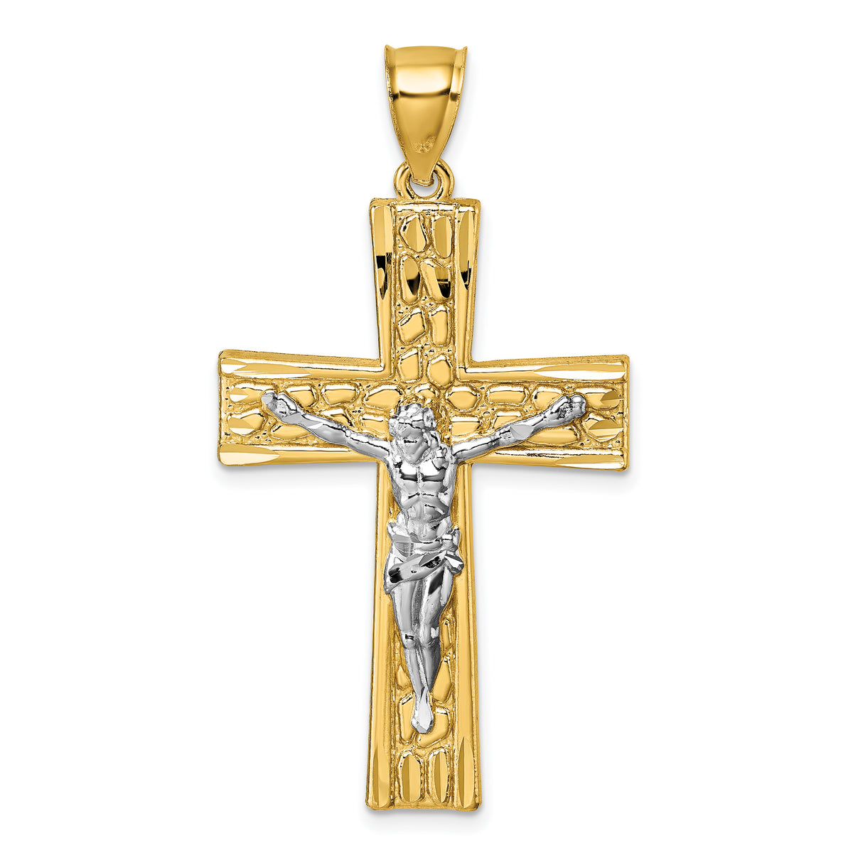14k Polished with Rhodium Diamond-cut Nugget Crucifix Pendant