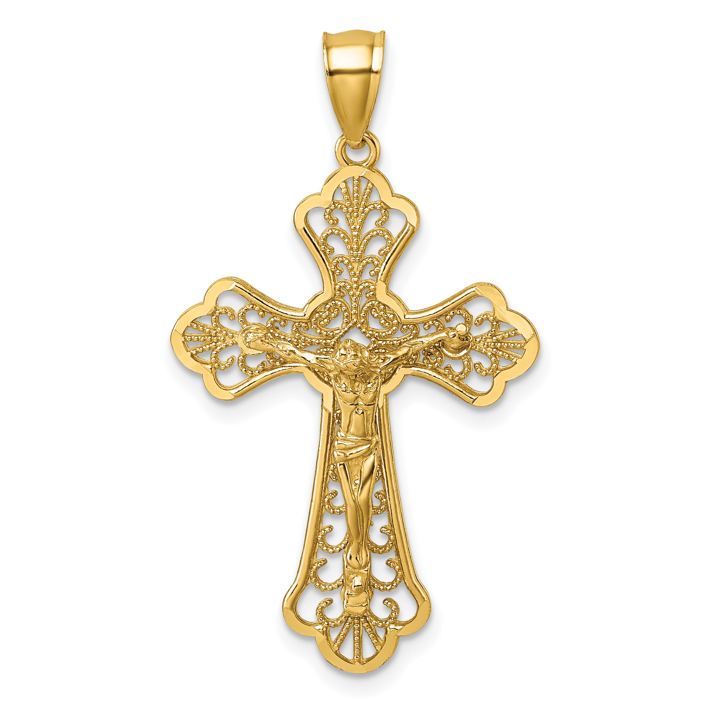14k Polished Diamond-cut Fleur de Lis Filigree Fancy Crucifix Pendant Main image