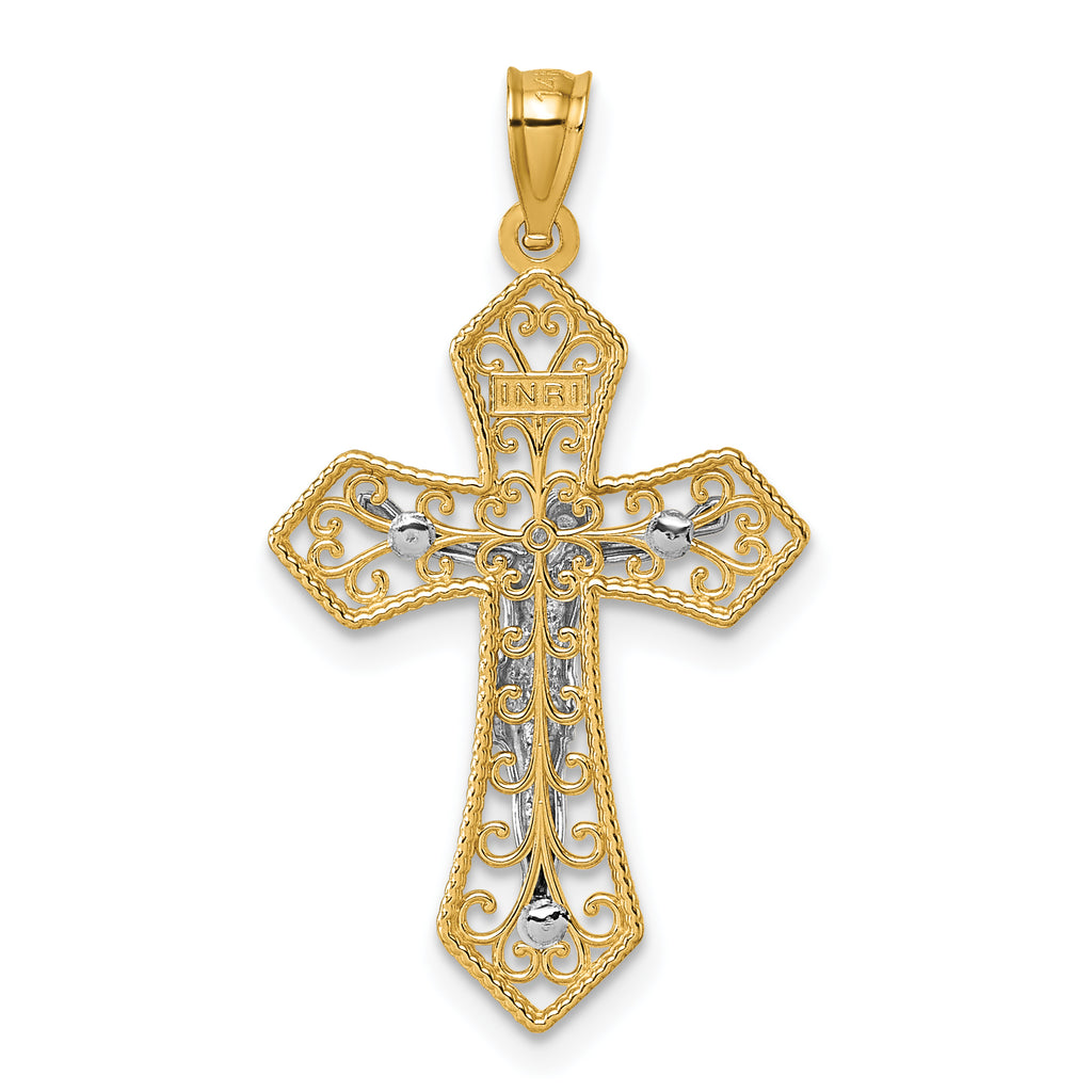 14k Two-tone Polished and Textured Filigree Passion Crucifix Pendant