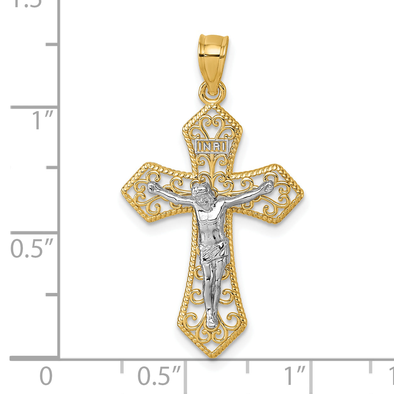 14k Two-tone Polished and Textured Filigree Passion Crucifix Pendant
