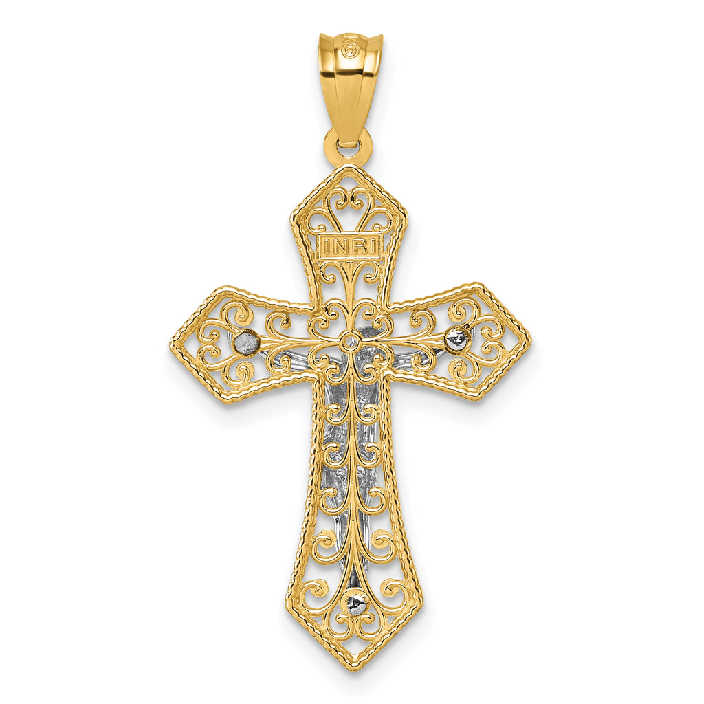 14k Two-tone Polished and Textured Filigree Passion Crucifix Pendant