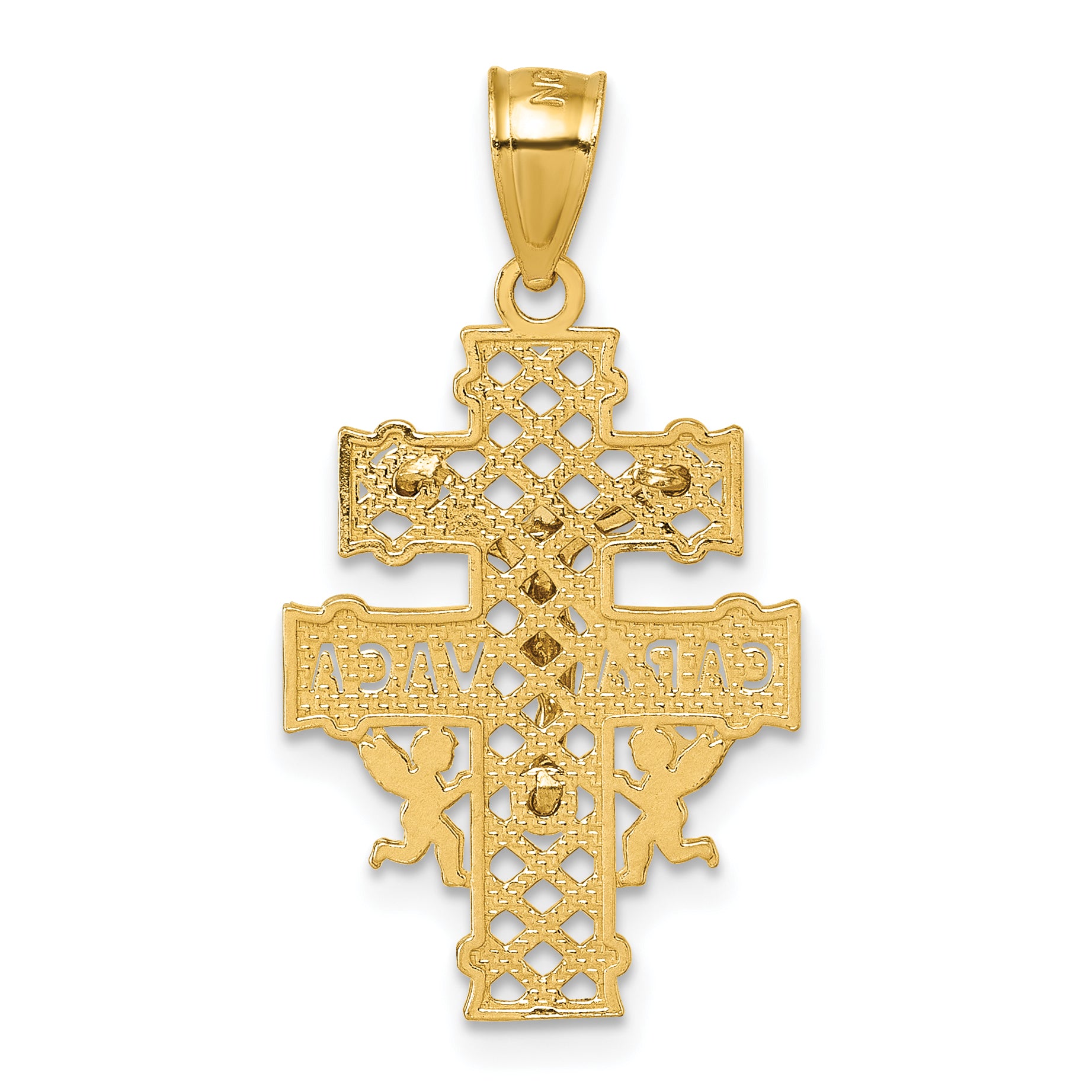 14k Polished Diamond-cut Pierced Lattice Design Cara Vaca Cross Pendant