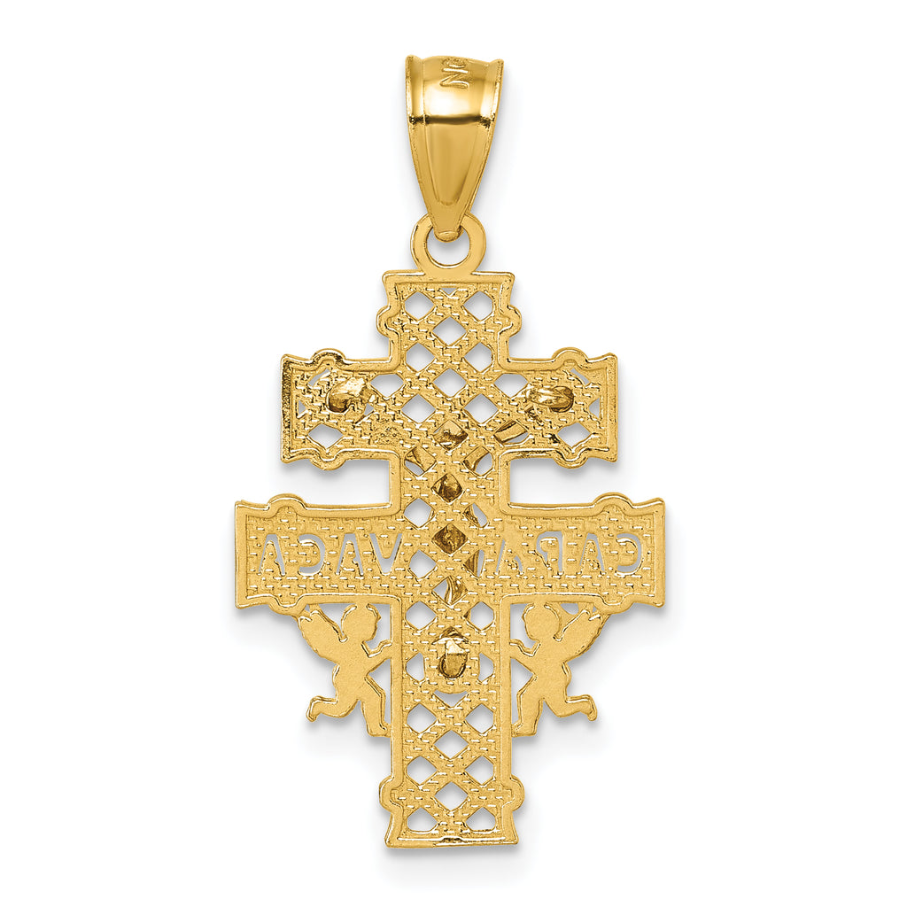 14k Polished Diamond-cut Pierced Lattice Design Cara Vaca Cross Pendant