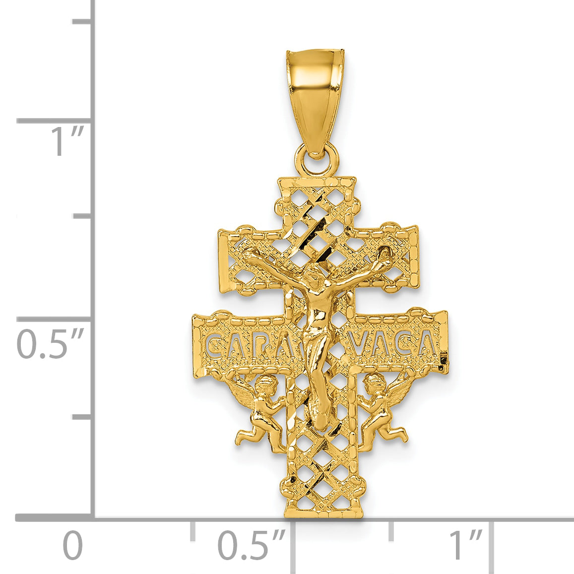 14k Polished Diamond-cut Pierced Lattice Design Cara Vaca Cross Pendant