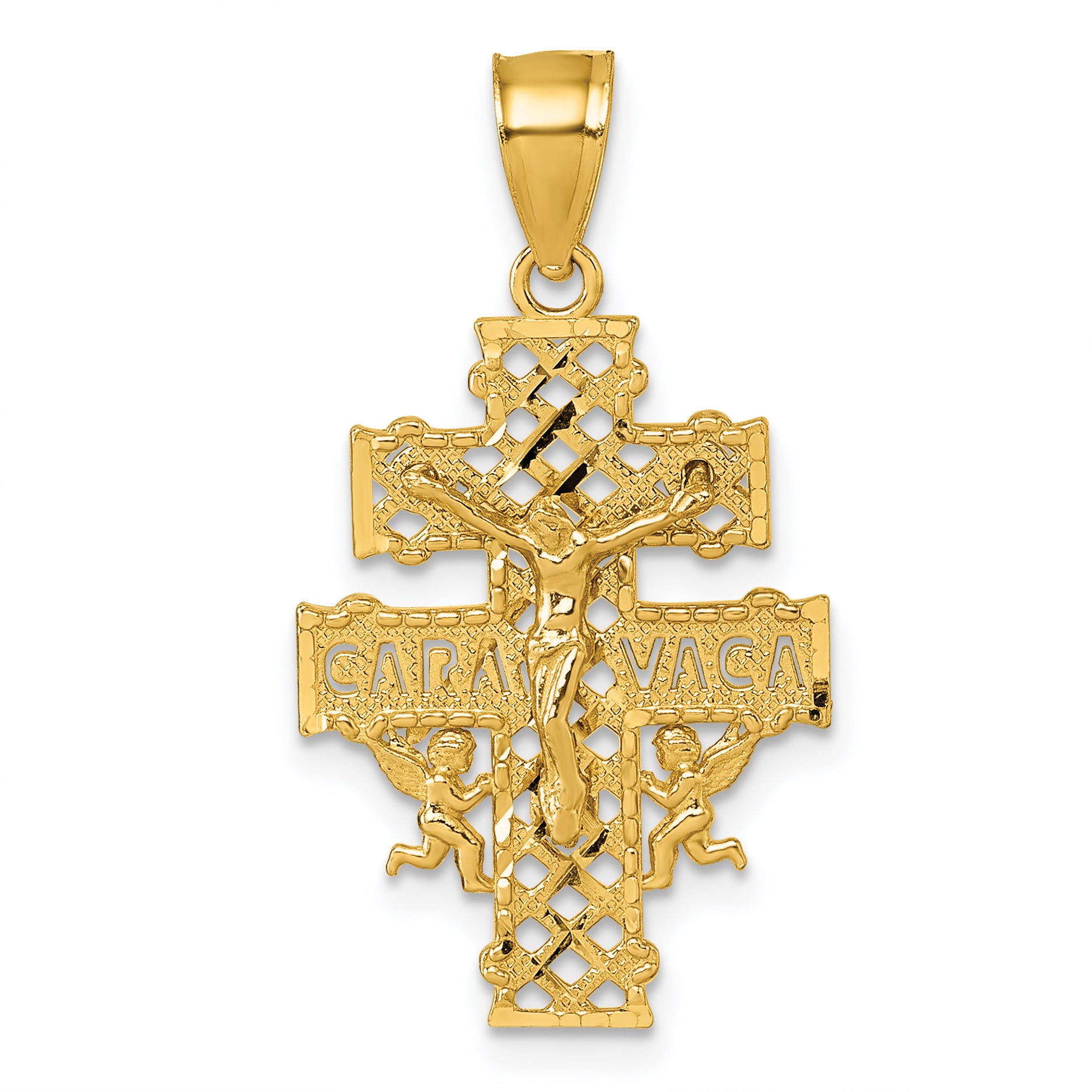 14k Polished Diamond-cut Pierced Lattice Design Cara Vaca Cross Pendant Main image